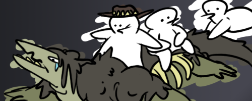 Three doodles riding SCP-682. One wearing a cowboy hat.