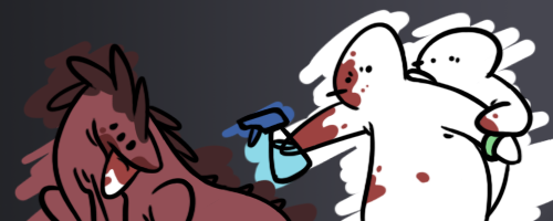 SCP-939 getting spray-bottled by doodle characters. One has been eaten by SCP-939.